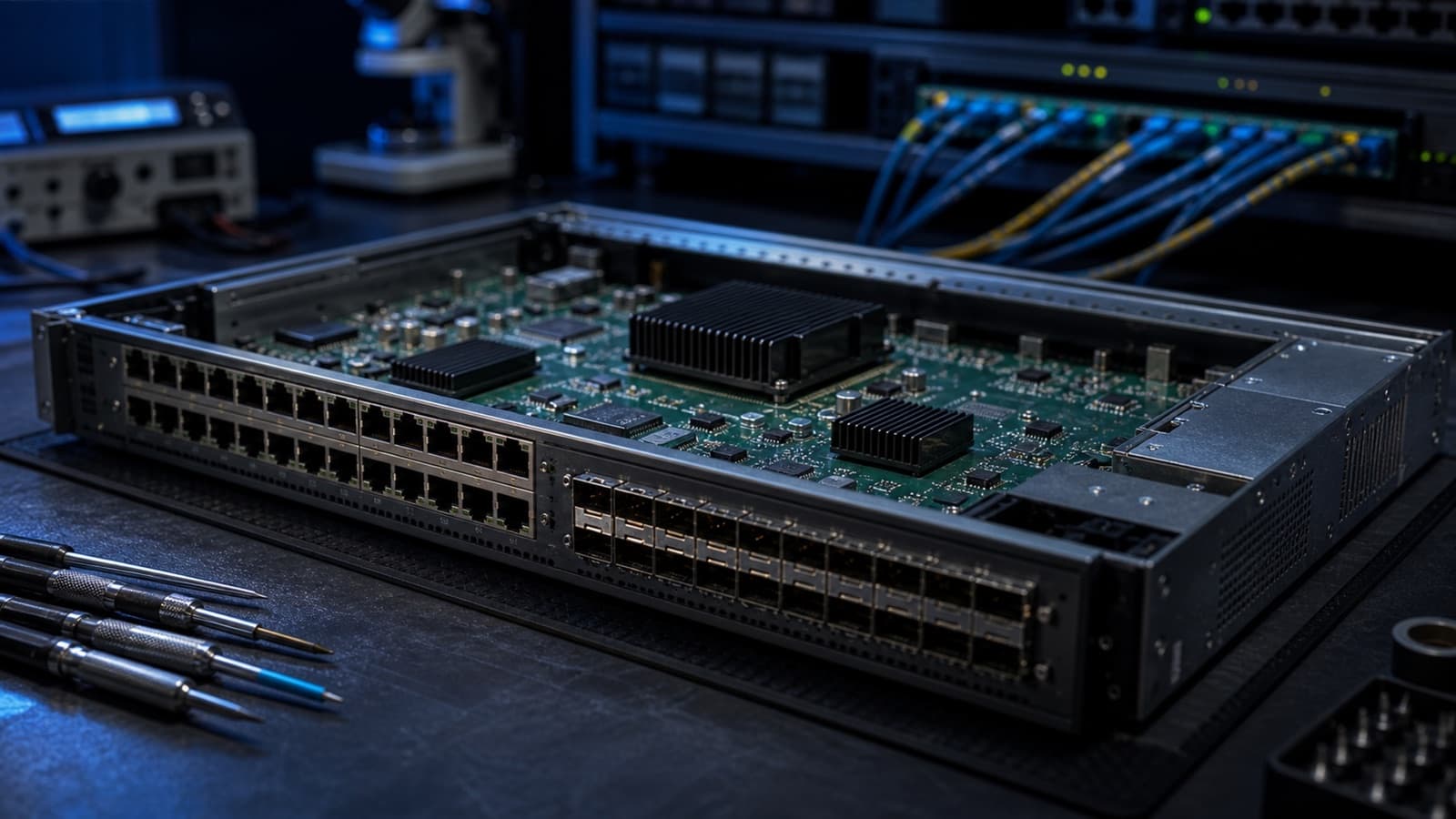 Вскрытый коммутатор на стенде: ряды RJ45-портов, SFP-слоты и платы с радиаторами